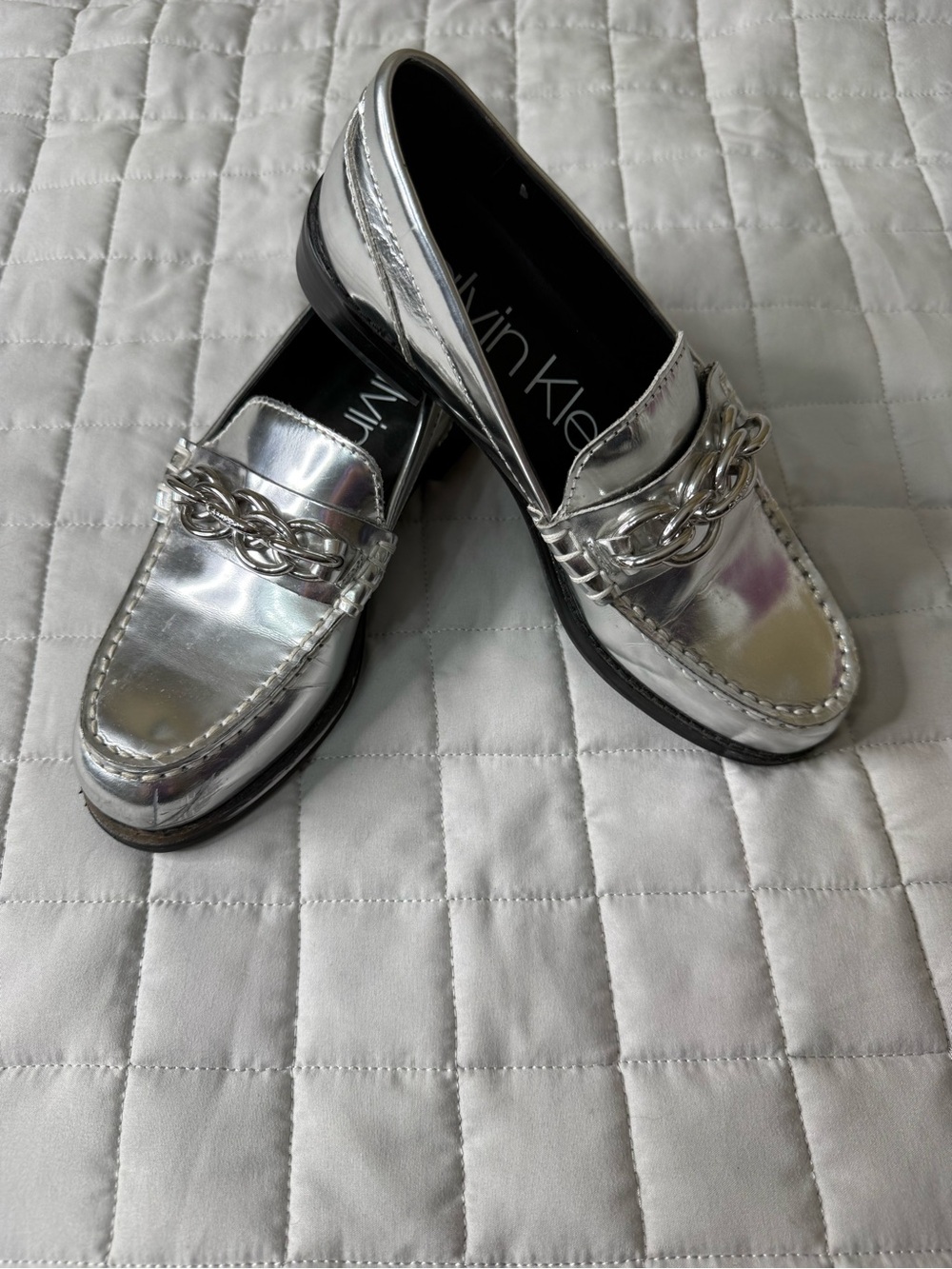 Vintage Calvin Klein Silver Chain-Trim Penny Loafers